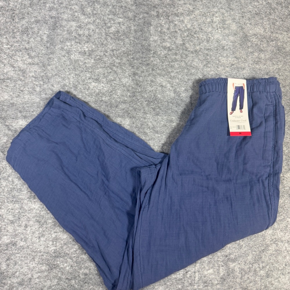 Coldwater Creek Blue Gauze Pull On Pants Elastic Waist Cotton Straight Leg M